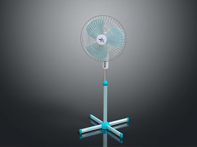 Modern Pedestal Air Cooler Fan With Blue Stand Transparent Blades And Brand Logo 3d model