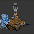 Dynamic Game Movie Characters Blue Figure Lifting Object Orange Character Rock Base Blue Purple Energy