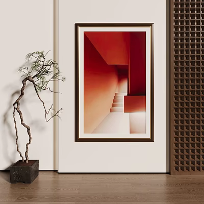 Red Toned Abstract Landscape Painting With Staircase And Decorative Plant 3d model