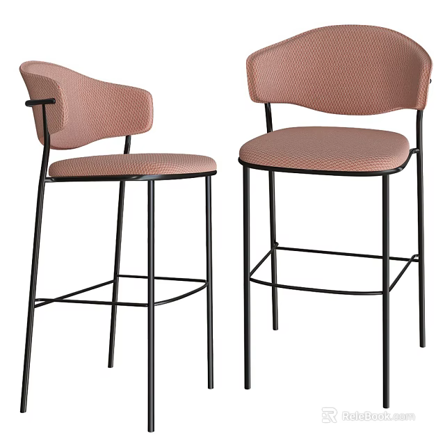 Two Modern Bar Stools With Pink Fabric Seats Black Metal Legs And Curved Backrests 3d model 