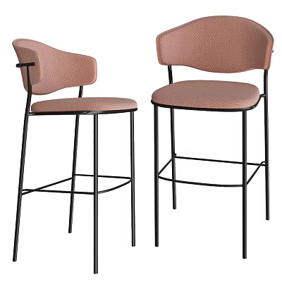 Two Modern Bar Stools With Pink Fabric Seats Black Metal Legs And Curved Backrests 3d model