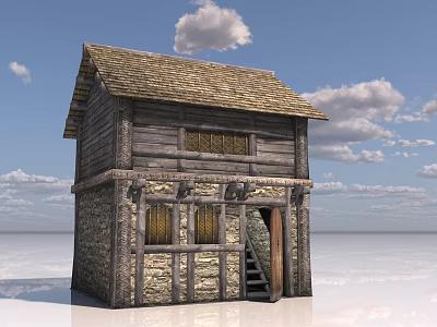 Rustic Wooden House With Stone Walls Wooden Roof Staircase Under Blue Sky Clouds 3d model