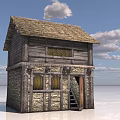 Rustic Wooden House With Stone Walls Wooden Roof Staircase Under Blue Sky Clouds