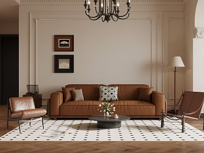Elegant Modern Living Room With Brown Sofa Chandelier Geometric Rug And Armchair 3d model