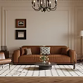 Elegant Modern Living Room With Brown Sofa Chandelier Geometric Rug And Armchair