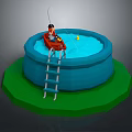 Little Boy Fishing From Red Boat In Blue Inflatable Pool With Ladder And Green Grass