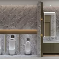 Modern Elegant Public Restroom With Marble Decor Double Mirrors Washbasins And Private Cubicles