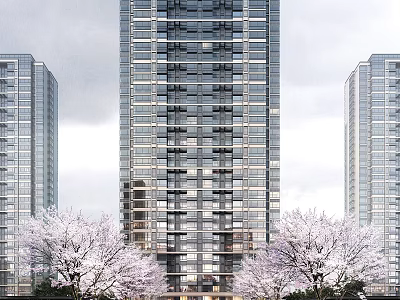 Three Tall Buildings With Glass Curtain Walls And Pink Flowering Trees Against Cloudy Sky 3d model