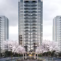 Three Tall Buildings With Glass Curtain Walls And Pink Flowering Trees Against Cloudy Sky
