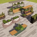 Outdoor Public Space With Colorful Flower Planters Benches And Walking People