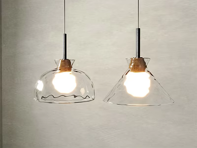 Two Modern Pendant Lights With Transparent Glass Shades And Wooden Tops Glowing Against Gray Wall 3d model