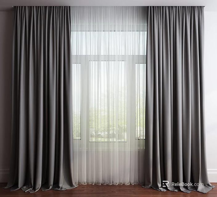 Thick Gray Curtains With White Sheer Over Window And Green View Outside 3d model 