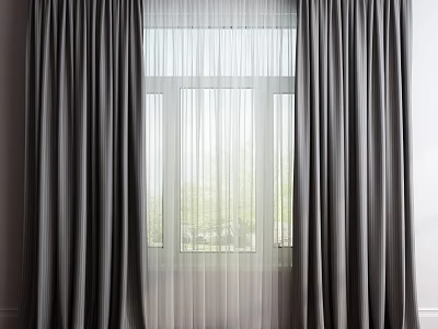 Thick Gray Curtains With White Sheer Over Window And Green View Outside 3d model