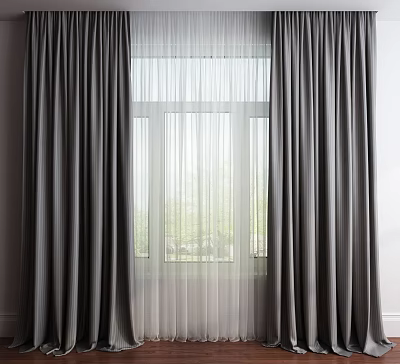 Thick Gray Curtains With White Sheer Over Window And Green View Outside 3d model