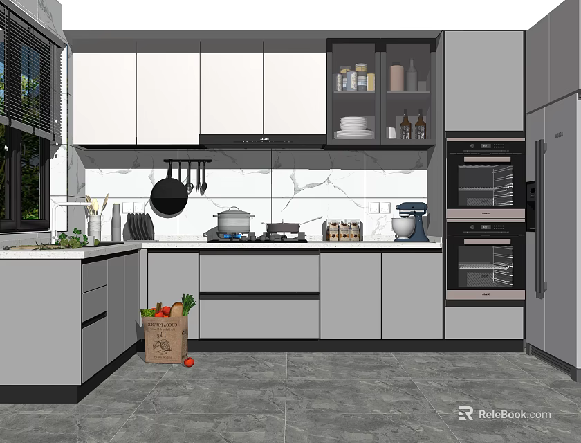 Modern Kitchen Interior Design With White Gray Cabinets Tile Backsplash And Appliances 3d model