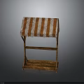 Wooden Outdoor Stall Structure With Orange And White Striped Awning And Shelves