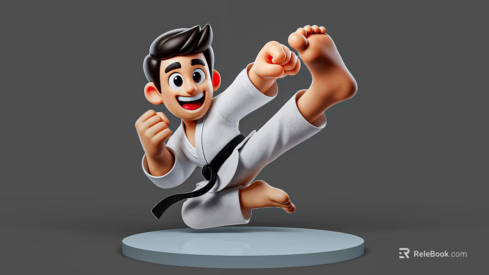Man in cartoon style karate uniform with black belt kicking on circular platform 3d model 