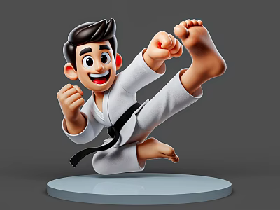 Man in cartoon style karate uniform with black belt kicking on circular platform 3d model