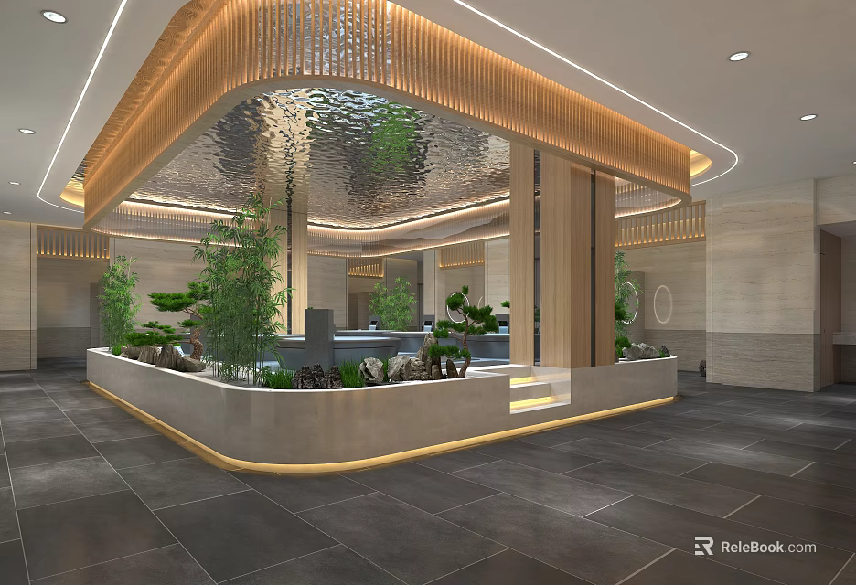 Modern SPA Sauna Interior Design With Wooden Decor Green Plants And Water Features 3d model 