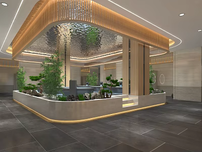 Modern SPA Sauna Interior Design With Wooden Decor Green Plants And Water Features 3d model