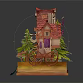Whimsical Open Book Display With Small Wheeled House And Green Pine Trees