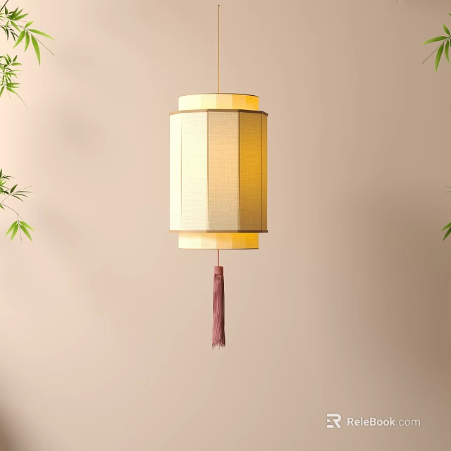 Traditional Chinese Lantern with Bamboo and Beige Background Hanging Tassel Design 3d model 