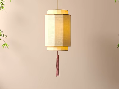 Traditional Chinese Lantern with Bamboo and Beige Background Hanging Tassel Design 3d model