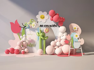 Colorful Party Decor With Pink White Balloons Flower Decorations As You Wish Sign Welcome Easel 3d model