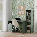 Modern Public Office Space With Green Leafy Wallpaper Desk Laptop Chair Bookshelf And Corkboard