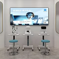 Bright Medical Devices Exhibition Hall with White Display Tables and Wall Showcases