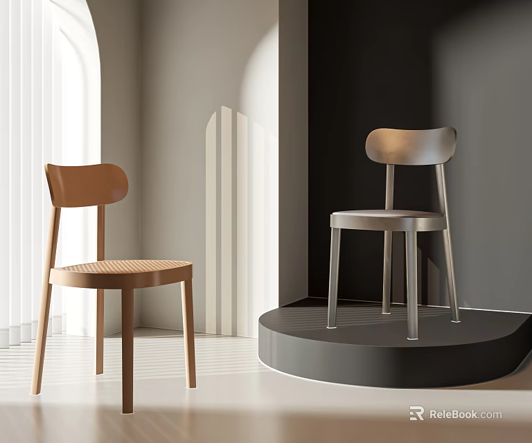 Modern Leisure Chairs Brown Wooden And Silver Metal Indoor Display With Natural Light And Platform 3d model 