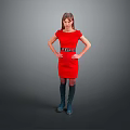 Woman In Red Dress Standing With Hands On Hips Against Gray Background