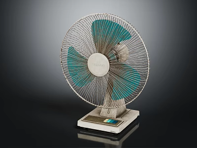 Vintage Electric Fan With Metal Grille Turquoise Blades And Control Panel Base 3d model