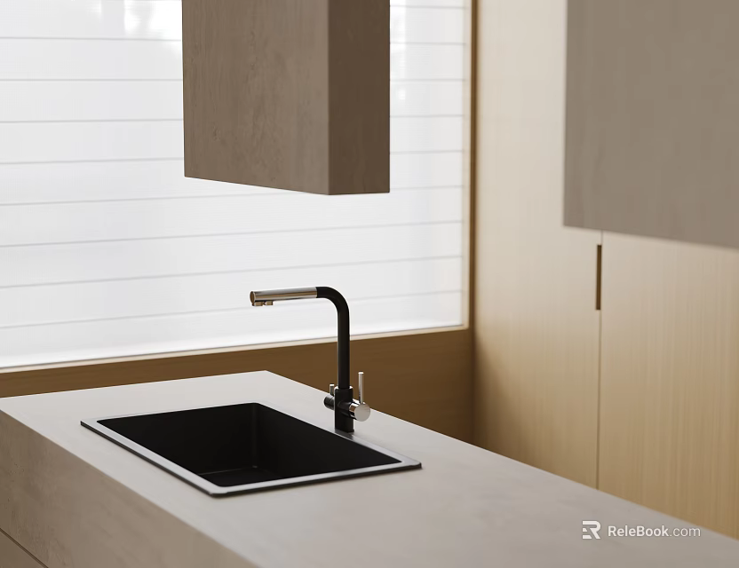 Modern Kitchen With Black Rectangular Kitchen Sink And Stainless Steel Faucet 3d model 