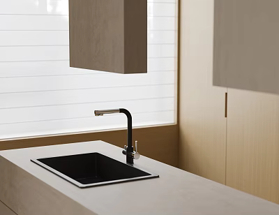 Modern Kitchen With Black Rectangular Kitchen Sink And Stainless Steel Faucet 3d model