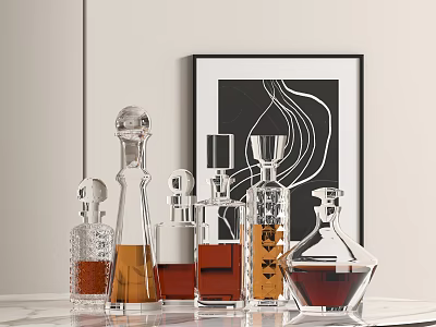 Decorative Transparent Wine Bottles and Wine Glass with Brown Liquor on White Countertop and Modern Wall Art 3d model
