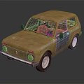 Retro Compact Car With Brown And Blue Exterior And White Wheels Details