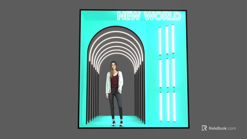 Stylish Event Entrance with NEW WORLD Sign Arched Design and Neon Strip Lights 3d model 