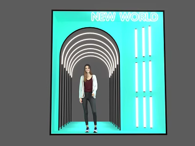 Stylish Event Entrance with NEW WORLD Sign Arched Design and Neon Strip Lights 3d model