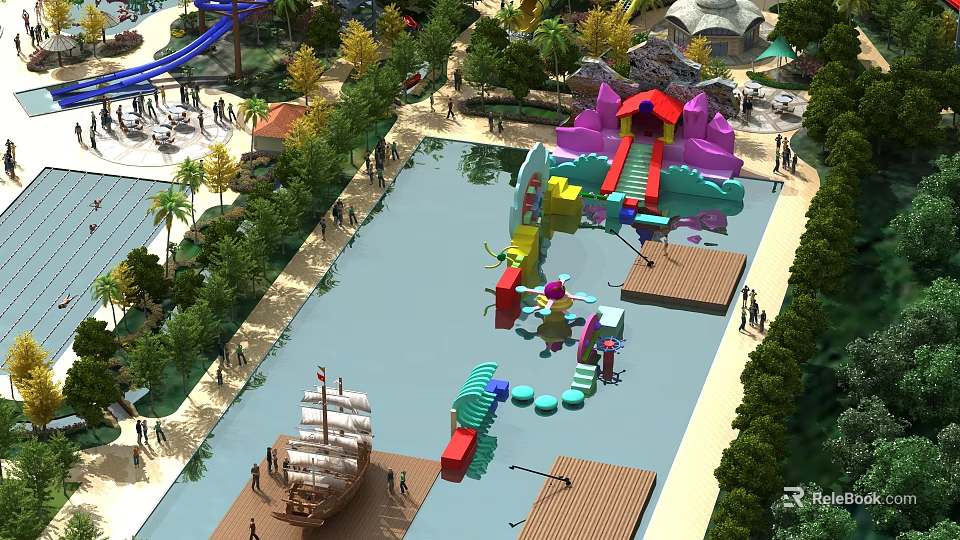 Colorful Water Playground Featuring Slides Pool Ship Green Trees And Pedestrian Walkways 3d model 