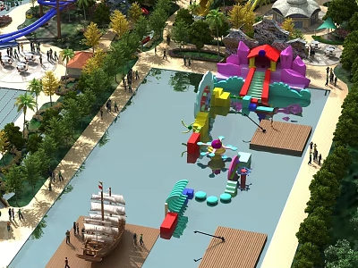 Colorful Water Playground Featuring Slides Pool Ship Green Trees And Pedestrian Walkways 3d model
