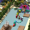 Colorful Water Playground Featuring Slides Pool Ship Green Trees And Pedestrian Walkways