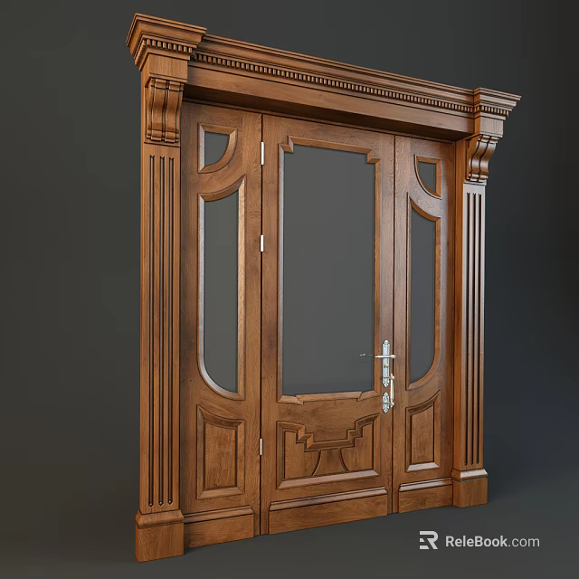 Brown Wooden Main and Auxiliary Double Door with Glass Panels Carved Decorations and Columned Frame 3d model 