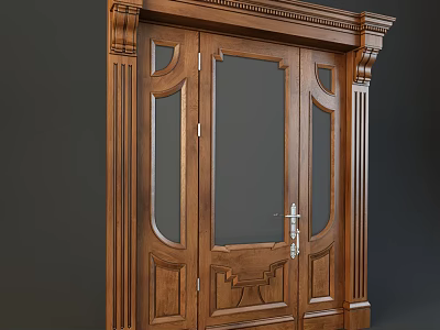 Brown Wooden Main and Auxiliary Double Door with Glass Panels Carved Decorations and Columned Frame 3d model