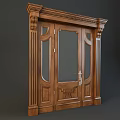Brown Wooden Main and Auxiliary Double Door with Glass Panels Carved Decorations and Columned Frame