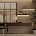 Modern Home Office Interior With Wooden Desk Table Lamp Books Vase And Potted Plant