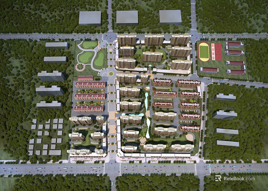 Aerial View Residential Community Planning With Buildings Green Spaces Sports Facilities and Roads 3d model 