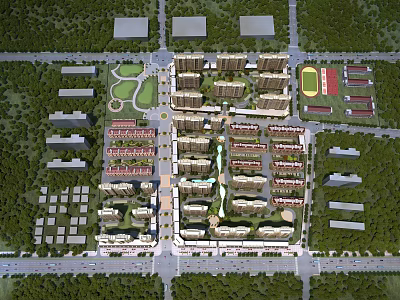 Aerial View Residential Community Planning With Buildings Green Spaces Sports Facilities and Roads 3d model