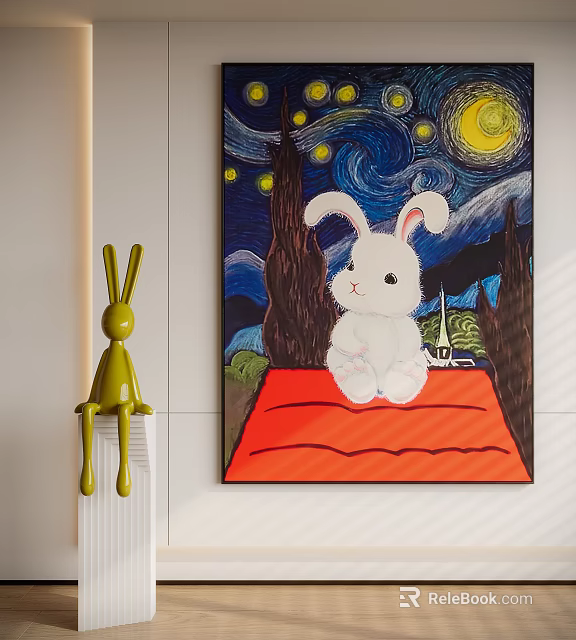 Abstract Painting Featuring Starry Night Sky White Rabbit On Red Mat And Stars 3d model 