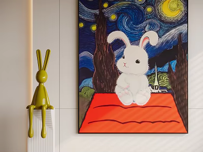 Abstract Painting Featuring Starry Night Sky White Rabbit On Red Mat And Stars 3d model
